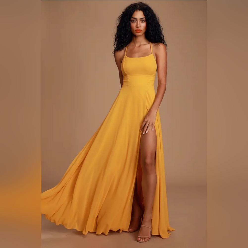 Lulus Dreamy Romance Mustard Yellow Backless Maxi Dress💛